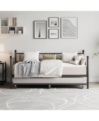 Twin Daybed with Trundle Metal Sofa Bed Frame Steel Slat Support Space Saving Furniture for Living Room or Bedroom