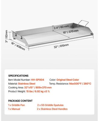 32 x 16 Inch Stainless Steel Griddle Plate for Gas Grill with Handles