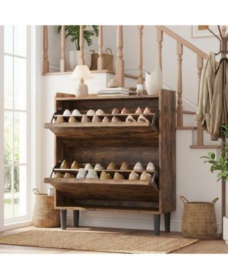 Shoe Cabinet with 2 Flip Drawers, Hidden Shoe Storage Organizer for Entryway,Wooden Shoe Rack with Adjustable Shelf, Space-Saving Shoe Cupboard