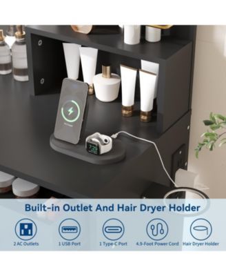 Makeup Vanity Set with Lighted Mirror, Chair, Drawers, Open Cabinet and Charging Station