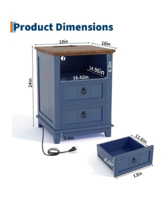 Set of 2 Modern 18" Fluted Wood Nightstands with 2 Drawers and Charging Station