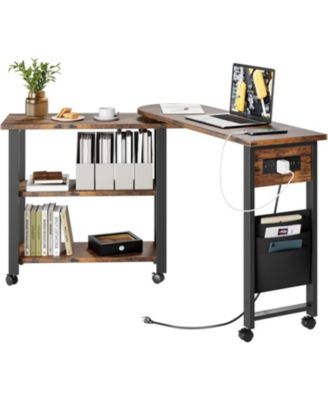 360° Rotating Mobile End Table with Storage Bag, Wheels and Charging Station