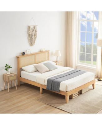 Full Bed Frame With Rattan Headboard and LED Lights Boho Platform Strong Wood Slats Noise Free No Box Spring