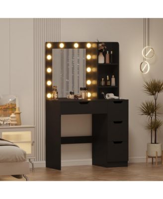 Modern Makeup Vanity Desk with Mirror, 4 Drawers, 3-Tier Storage and Power Outlet