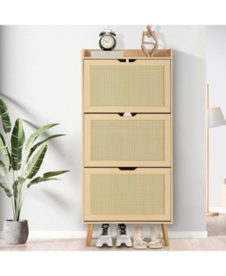 Shoe Cabinet - Hidden Shoe Storage with 3 Flip Rattan Flip-Drawer and Anti-Tip Design, Shoe Cabinet for Entryway