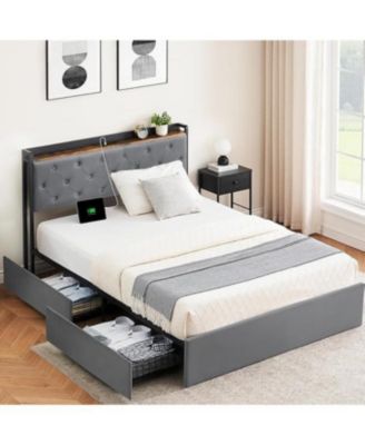 Bed Frame With Headboard and 4 Drawers Velvet Upholstered Frame With Charging Station Quiet Easy To Assemble