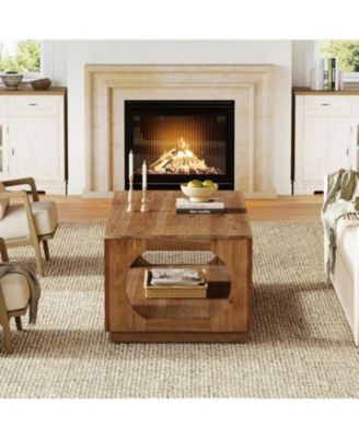 Solid Wood Coffee Table, 47.2" Farmhouse Wooden Center Tables, 2-Tier Rectangular Cocktail Tea Table