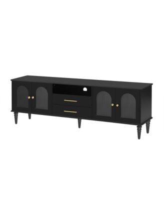  68.9" Retro TV Stand - Fluted Glass Doors, Wood Legs