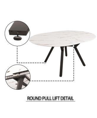 Expandable circular dining table set with 4 cushioned chairs.