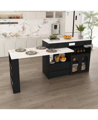  Kitchen Island with Extendable Rotating Table, Marble Veneer, 4 Drawers & Cabinets