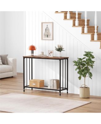 32" Retro Narrow Console Table with 2 Storage Shelves, Glass and Metal