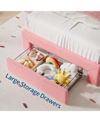 Queen Bed Frame Led Headboard Under Bed Drawer Metal Upholstered Platform Led Kids Bed Lamb Fleece Wood