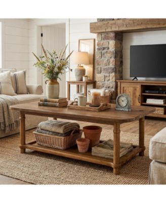 47" Rectangle Coffee Table, Solid Wood Center Table with 2-Tier Storage