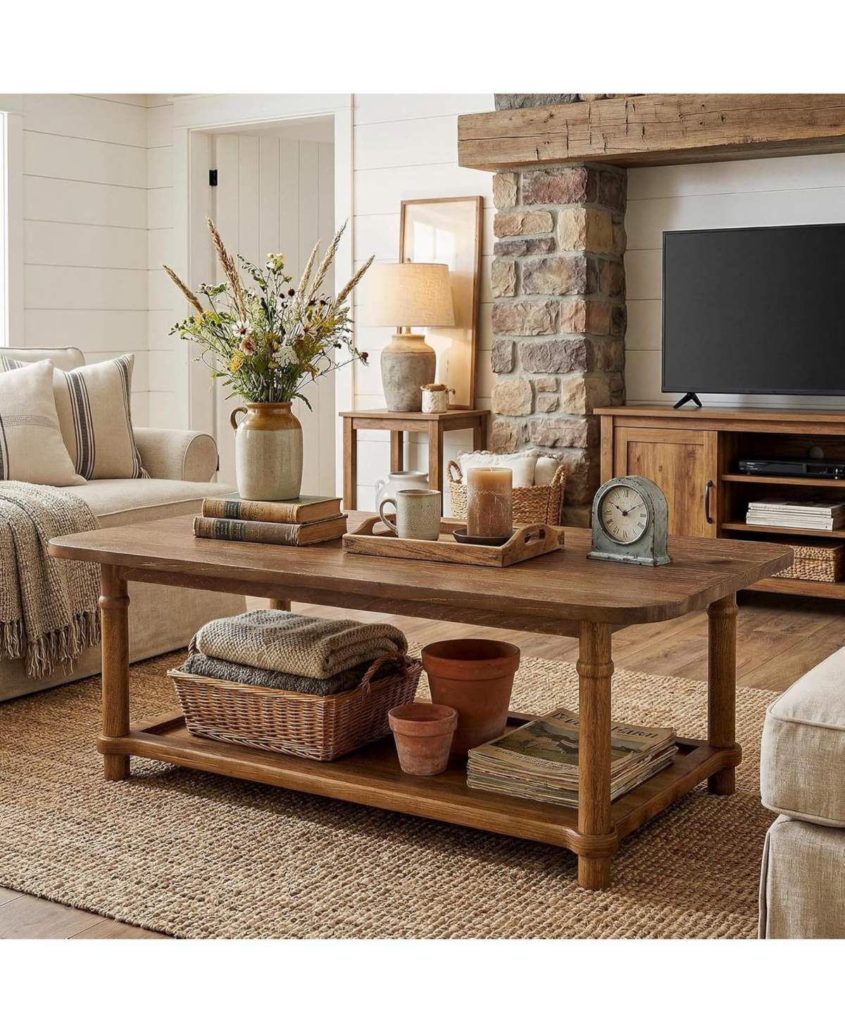 Tribesigns 47" Rectangle Coffee Table, Solid Wood Center Table with 2-Tier Storage