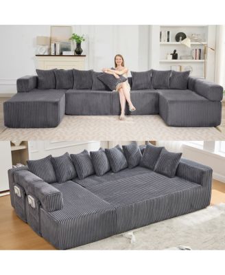 146" U-Shaped 5-Seat Convertible Sleeper Sectional Sofa w/ 8 Pillows