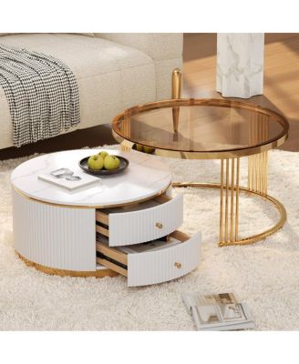Modern 2-Piece Round Nesting Coffee Table with Drawers & Glass Top