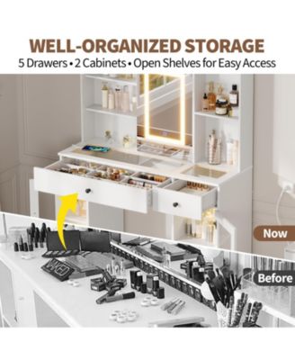 Large Makeup Vanity Desk with 3-Color LED Sliding Mirror, Drawers and Power Outlets