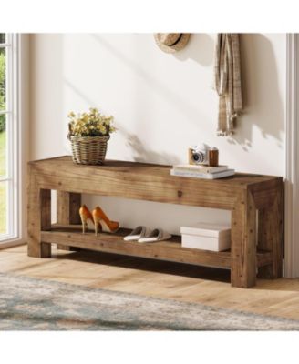 47.24" Solid Wood Entryway Bench, 2-Tier Narrow Rustic Wooden Shoe Bench