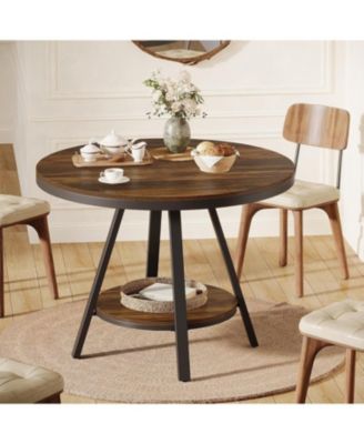 2-Tier Industrial Round Dining Table, Small Kitchen Dinner Table for 2-4 People, 35-Inch Circle Wood Kitchen Table