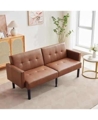 Mid-Century Futon Sofa Bed, 3-Seater Convertible Sleeper Loveseat, Chevron Tufting