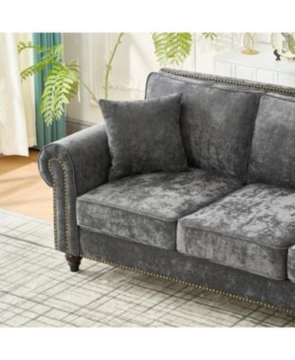 63" Modern 2-Seater Chenille Sofa, Rolled Arms, Nailhead Trim