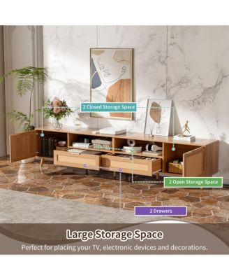 Rattan Cabinet TV Stand for TVs up to 90", Modern Farmhouse Media Console with Solid Wood Legs