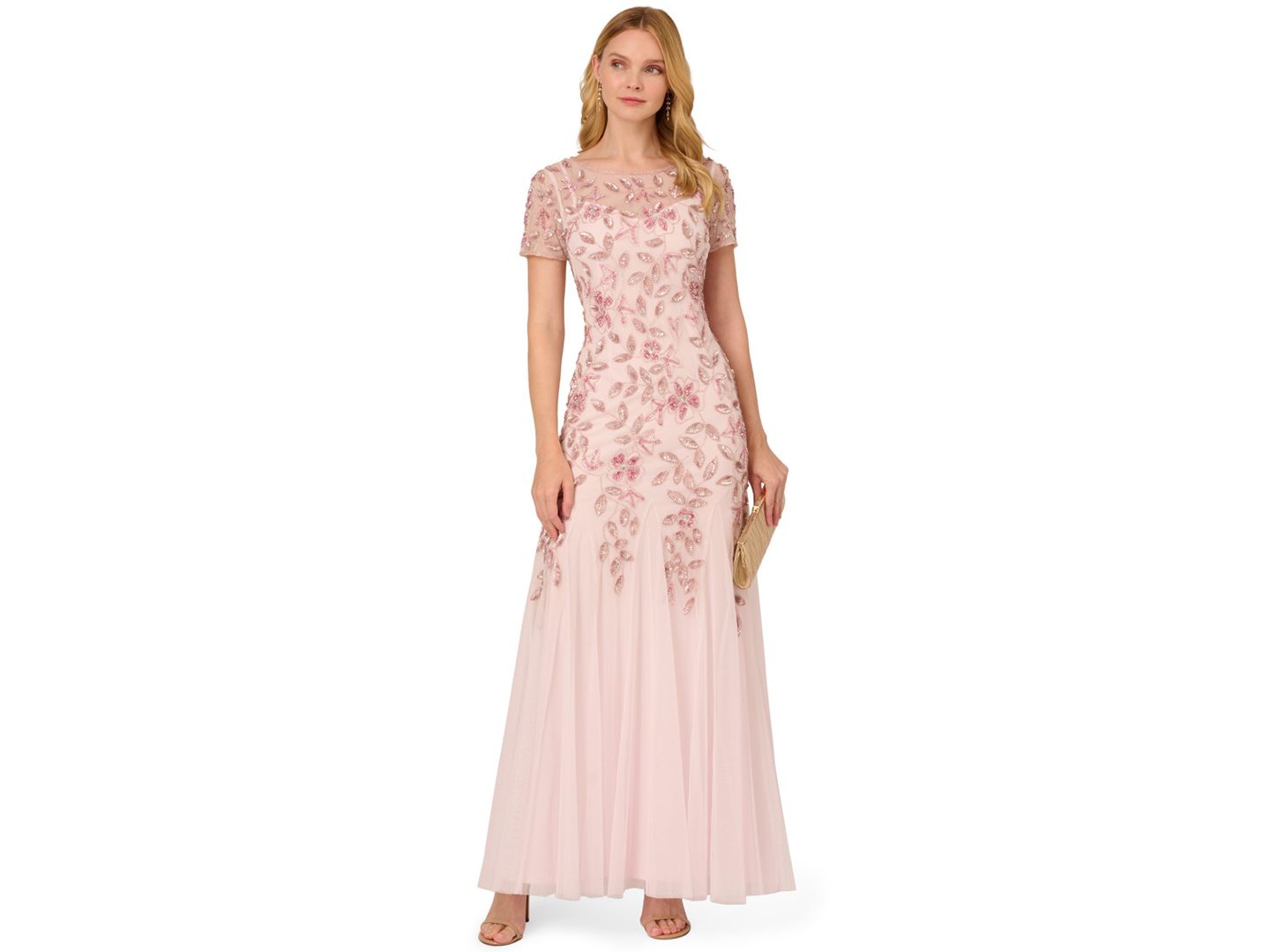 Женское платье Adrianna Papell Floral-Beaded Gown, цвет: Пудровый розовый — фото 2