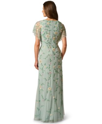 Women's Bead Flutter-Sleeve Midi Mesh Dress