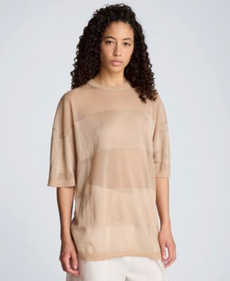 Women's Shiny Semi-Sheer Stripe Crewneck Top