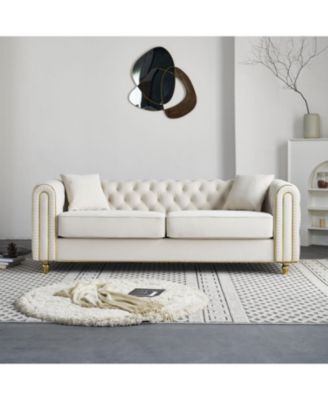 86" Beige Tufted Sofa with Toss Pillows