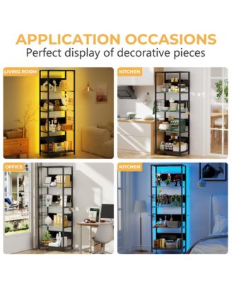 Glass Display Shelf with RGB LED Lights - 4-Tier Curio Cabinet with Adjustable Storage Box, Hooks, Metal Frame Standing Shelf for Living Room