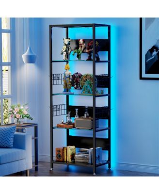 Glass Display Shelf with RGB LED Lights - 4-Tier Curio Cabinet with Adjustable Storage Box, Hooks, Metal Frame Standing Shelf for Living Room