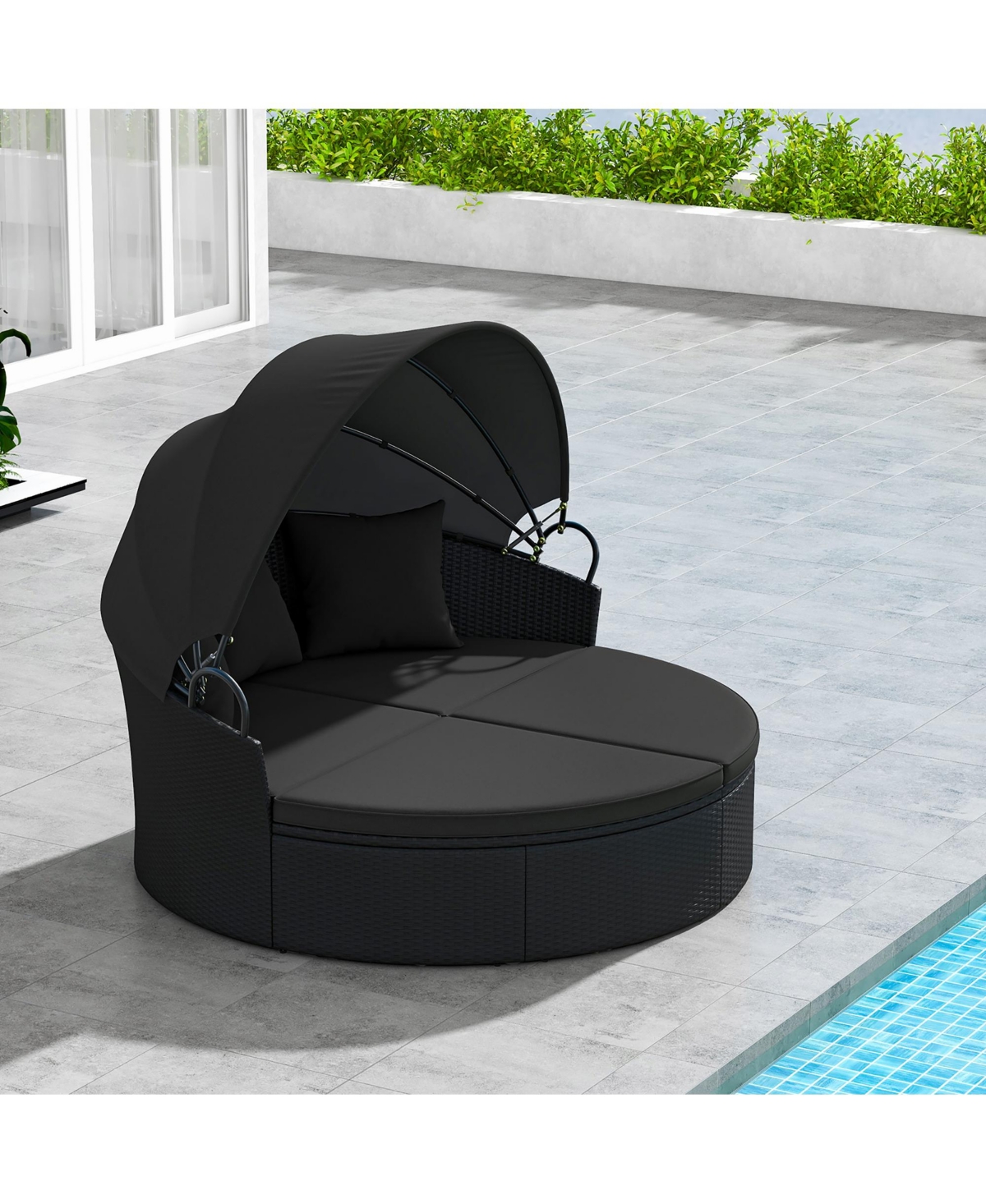 Gymax Patio Round Daybed Wicker Daybed w/ Retractable Canopy Separated Seating Sectional Sofa