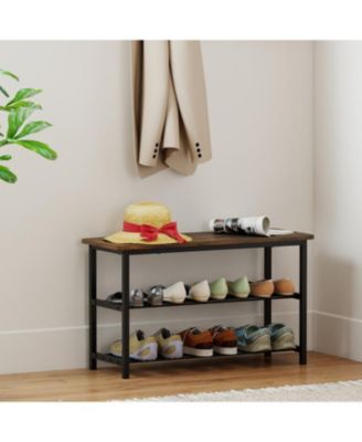 3-Tier Shoe Rack Bench with Metal Shelves & Wooden Seat