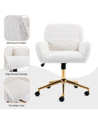 Faux Fur Home Office Chair, Adjustable Swivel Desk Chair, Upholstered Computer Chair with Wheels and Gold Base for Home Office