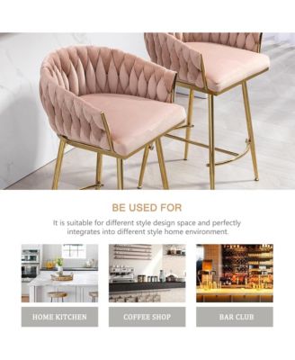 Velvet Bar Stools Set of 2 - Hand-Wave Back, Golden Chrome Base and Footrest, Counter Height Chairs for Kitchen Island, Home Pub