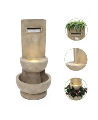 Tall Polyresin Fountain with Planter, Lighted Outdoor Water Feature