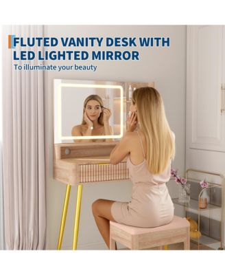 31" Mid-Century Modern Makeup Vanity Desk with Lighted Mirror, 2 Drawers and Cabinet