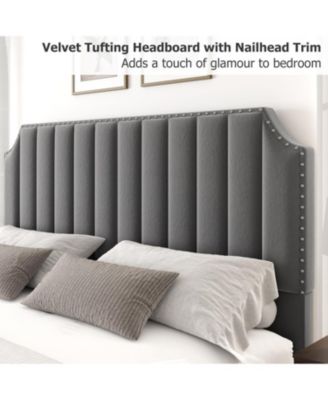 California King Velvet Upholstered Platform Bed Frame with Headboard & Footboard, Nailhead Trim, Wooden Slats, No Box Spring
