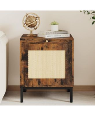 Modern Farmhouse Rattan Nightstand with Tray and Storage Shelf