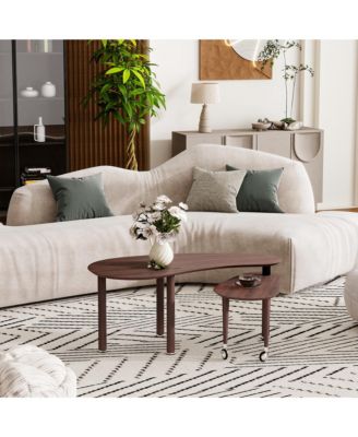 360° Rotatable Coffee Table, Nesting Coffee Tables with Swivel Function, Modern Wood Oval Center Table for Living Room