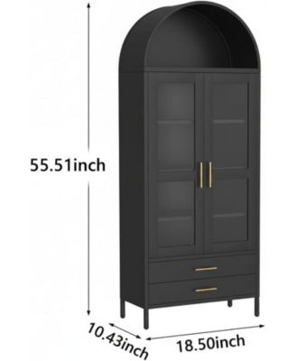 55" Tall Kitchen Pantry Cabinet, Arched Display with Glass Doors, 2 Drawers & Adjustable Shelves for Living, Dining Room