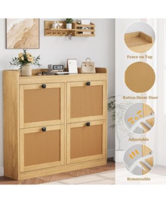 Shoe Cabinet Rattan with 4 Flip Drawers, Wooden Freestanding Shoe Organizer with Adjustable Shelves, Shoe Storage for Entryway, Closet