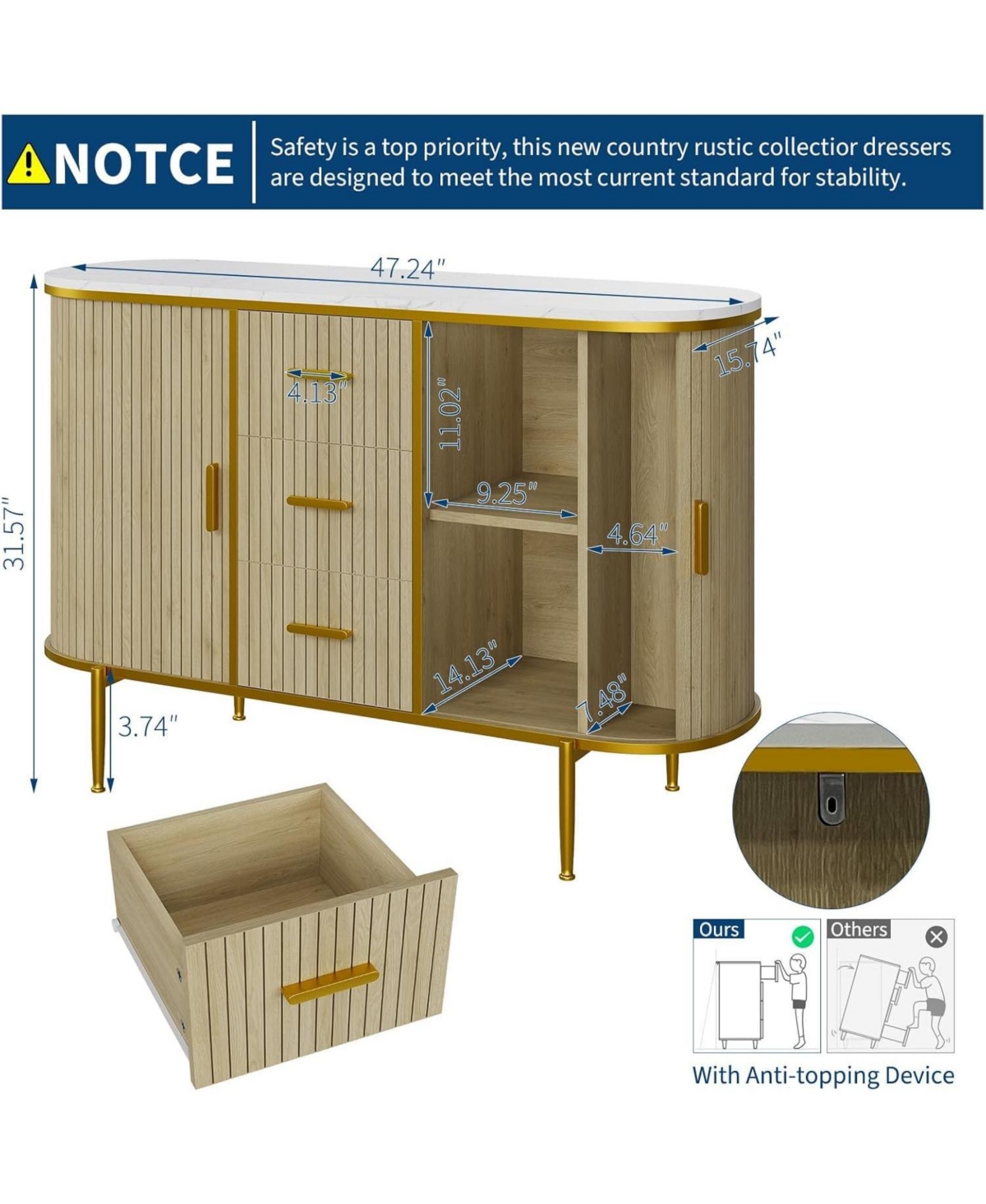 gaomon 50" Mid Century Fluted Buffet Cabinet, Modern Coffee Bar Console Table with Faux Marble Top & Curved Sliding Doors, Storage Accent Cabinet