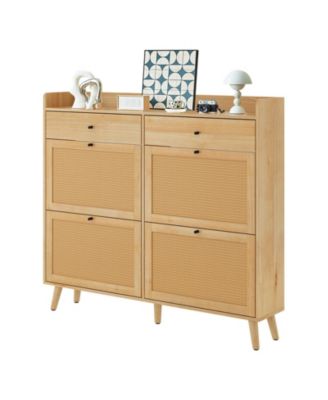 Shoe Cabinet Storage with 4 Flip Drawers, Rattan Narrow Shoe Rack Cabinet Storage for Entryway Hallway Living Room Closet