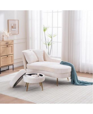 Indoor Chenille Chair with Left Armrest & Lumbar Pillow, Lounge SofaFootstool