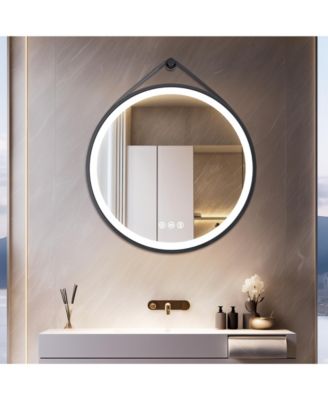 24" Black Circle Hanging Vanity Mirror for Wall with Leather Strap 3 Colors Dimmable for Bedroom Entryway