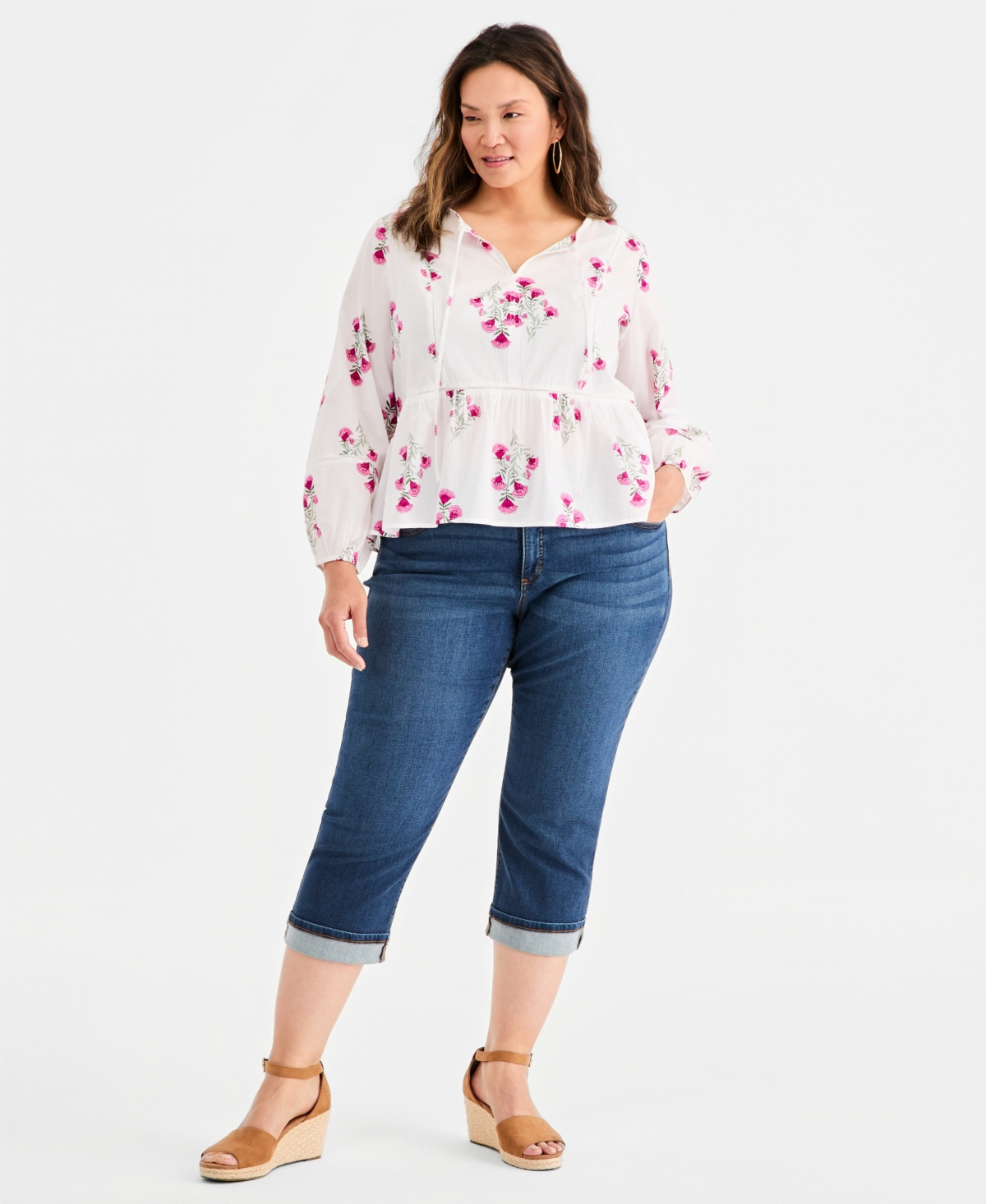 Style & Co Plus Cotton Split-Neck Peplum Top, Macy's Exclusive