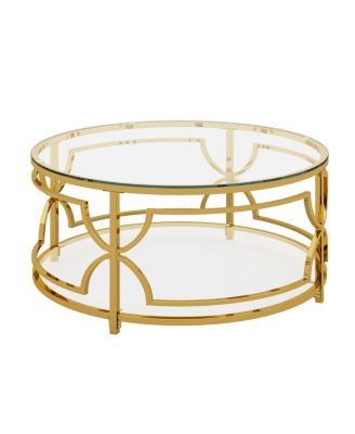 Round Tempered Glass Coffee Table, 30.7" ,Geometric Metal Frame