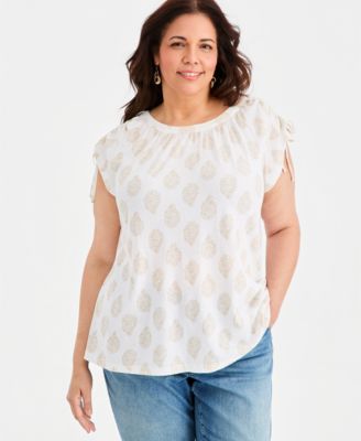 Plus Size Printed Ruched-Shoulder Boat-Neck Top